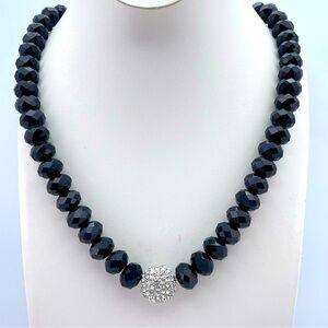 Black Faceted Bead Necklace with Rhinestone Pave Ball Accent 22” Long
